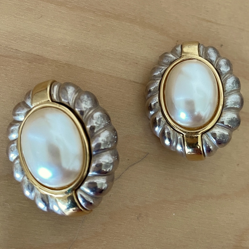 GIVENCHY chunky pearly gold and silver tone clip on earrings.